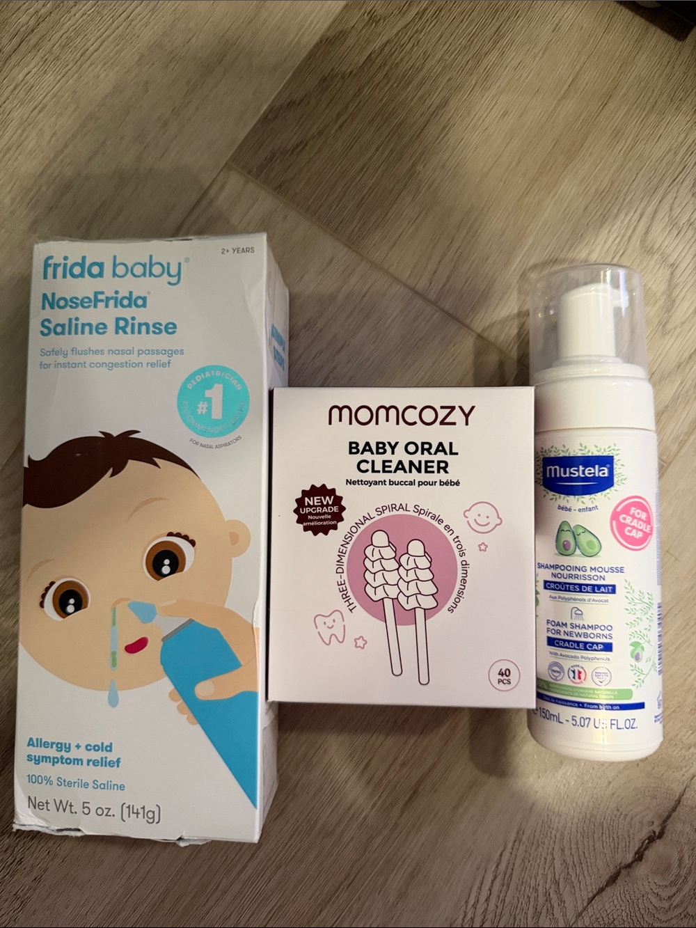 NoseFrida Saline Rinse - Mustela cradle cap Shampoo & Momcozy Oral Cleaner